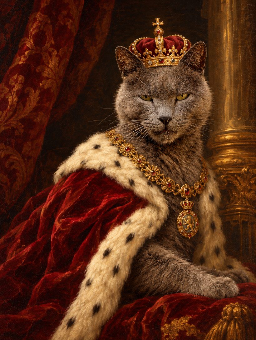 A grey cat painted as a crowned monarch in oil