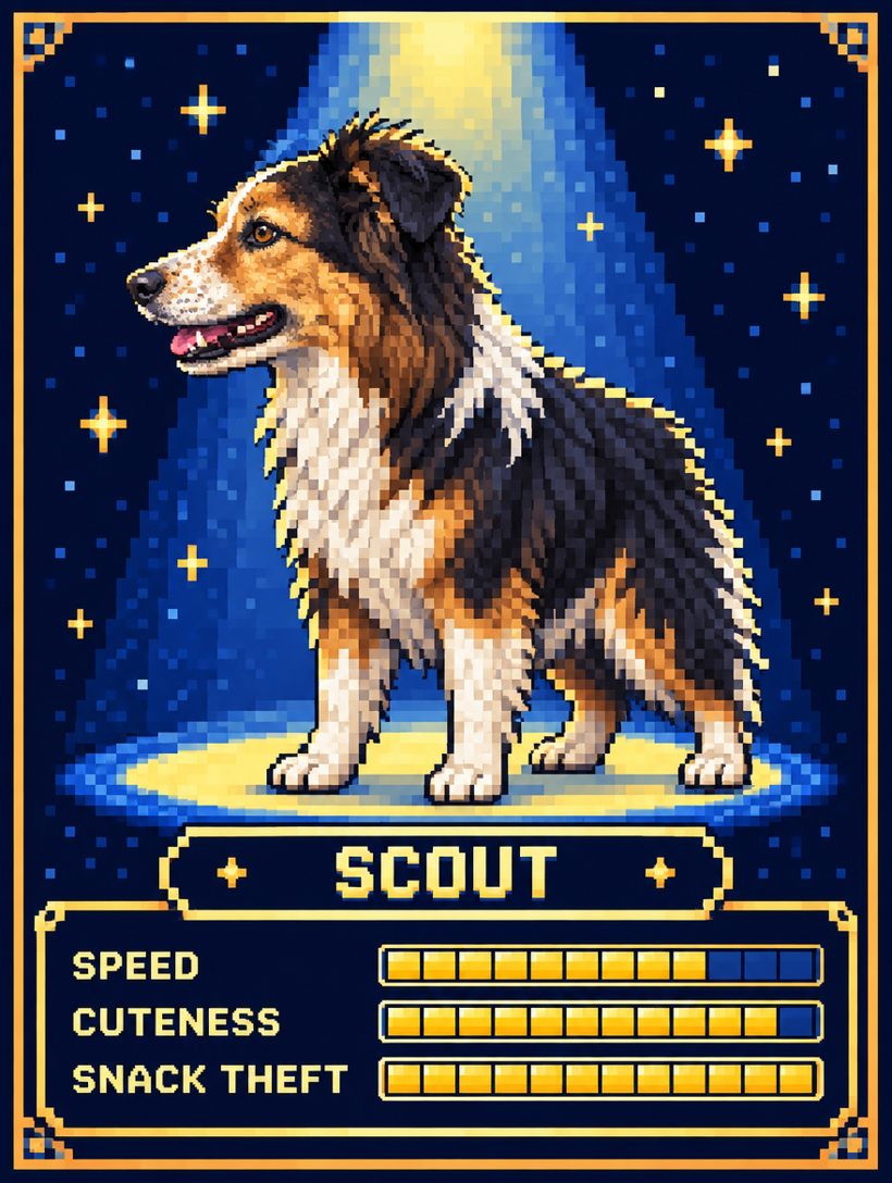 A border collie as a 16-bit game character poster