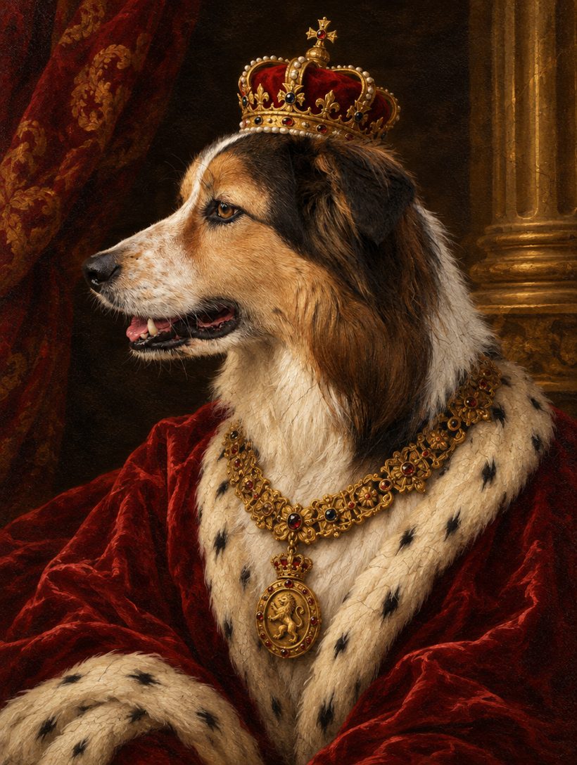 A tri-colour border collie painted as an 18th-century duke in a crimson robe