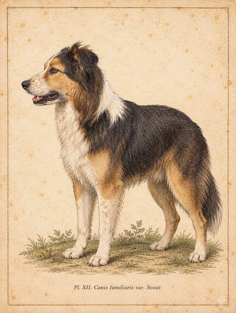 A border collie as a hand-coloured engraving