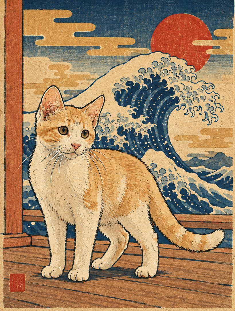 A ginger kitten as a Japanese woodblock print